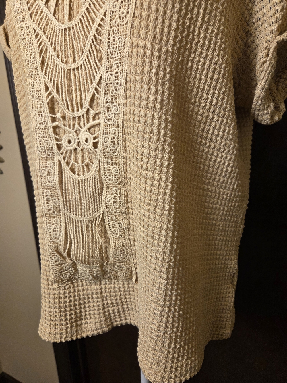 Woven Crochet Front Short Sleeve   Top - Beige - Picture 5 of 9